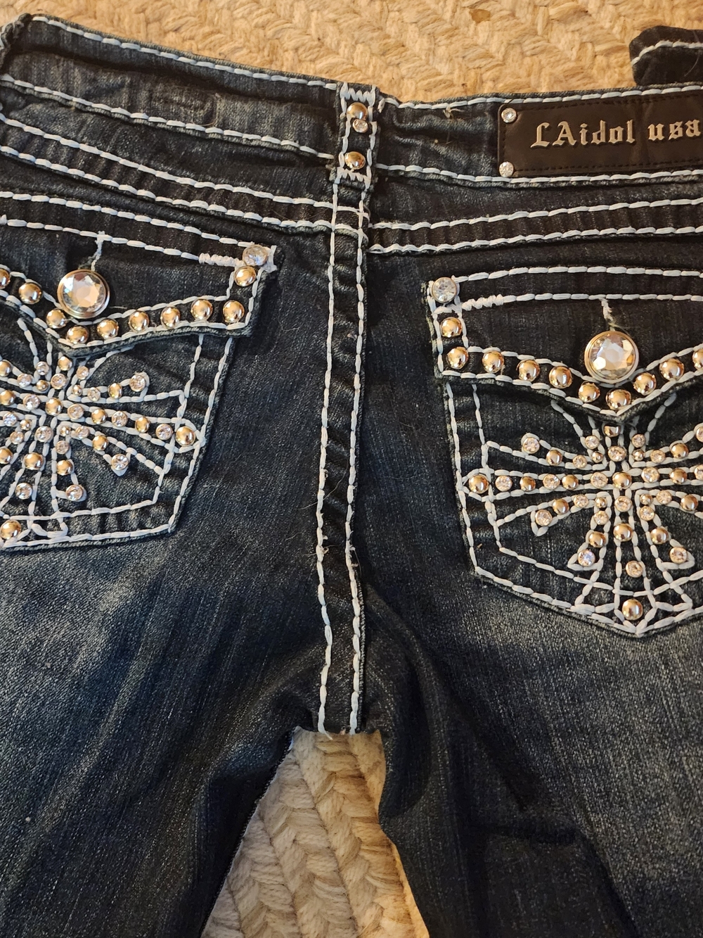L.A. idol Dark Blue Embellished Flare Jeans with Rhinestone Pockets Y2k 90s
